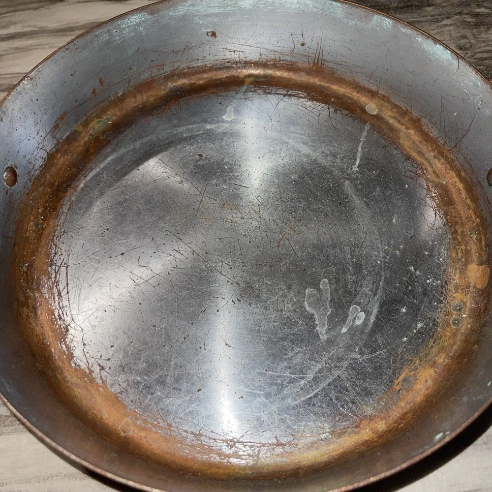 Vtg Copper Fry Skillet Pan Brass Handles 10 Inch Patina Farmhouse Decoration